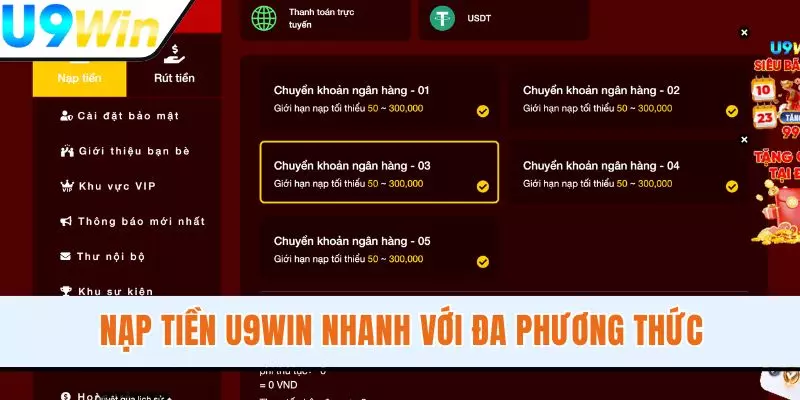 Nạp tiền U9WIN nhanh với đa phương thức